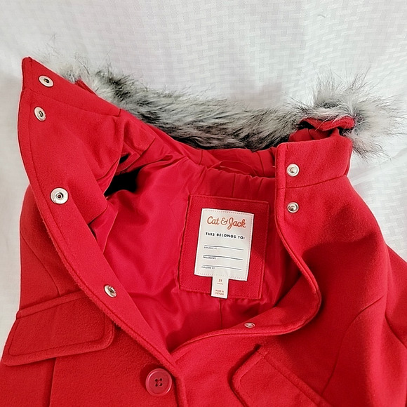 Cat & Jack Girls 5T Red Peacoat Winter Jacket Faux Fur Hood Removable Trim - Picture 6 of 7